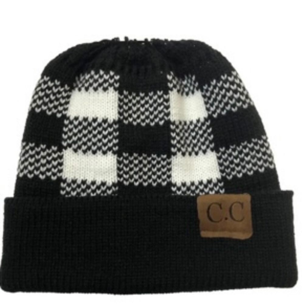 C.C Black and White Buffalo Plaid Ponytail Hole Beanie NEW